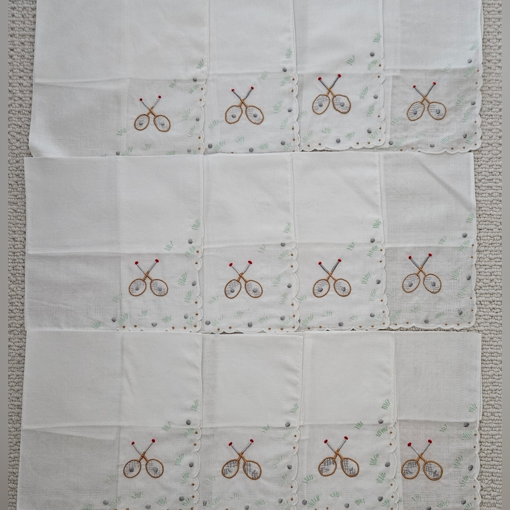 12 Vintage Embroidered Tennis Hankerchiefs  New Old Stock In Box